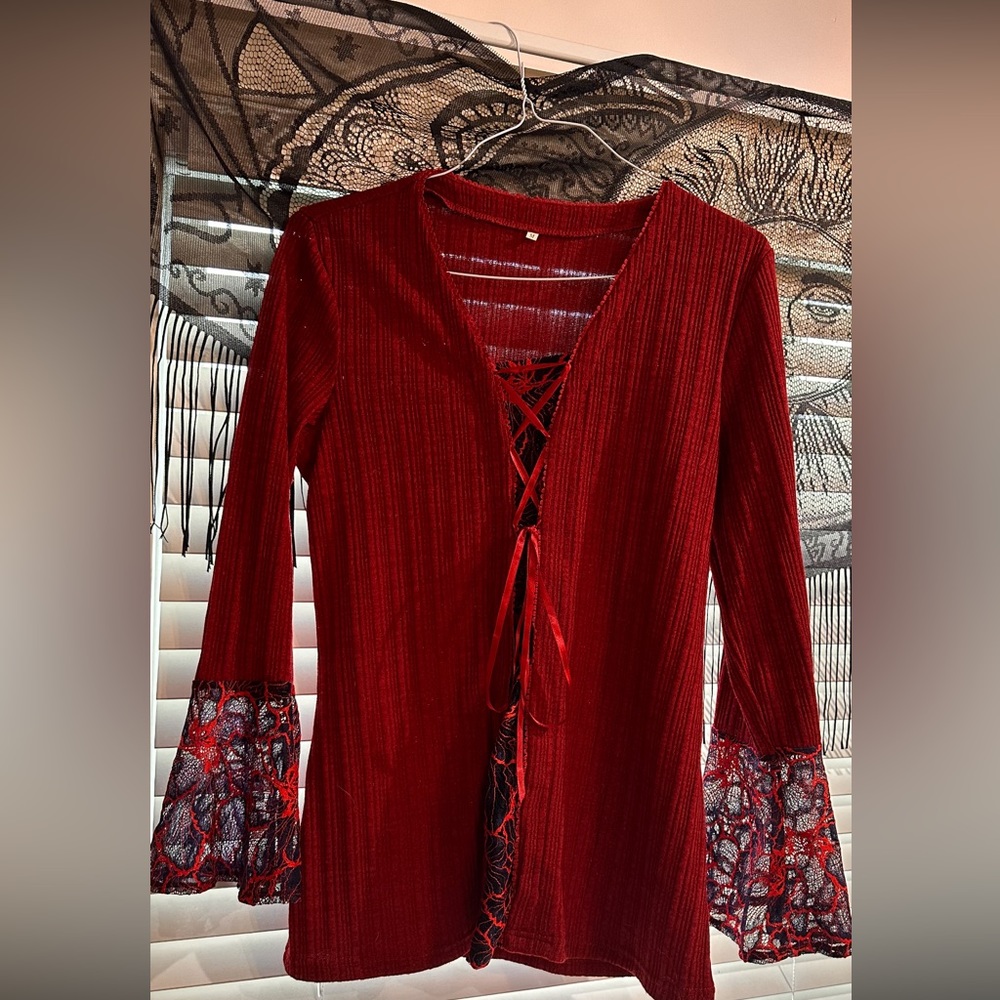 Women’s size M top.  Beautiful dark red and navy blue lace
